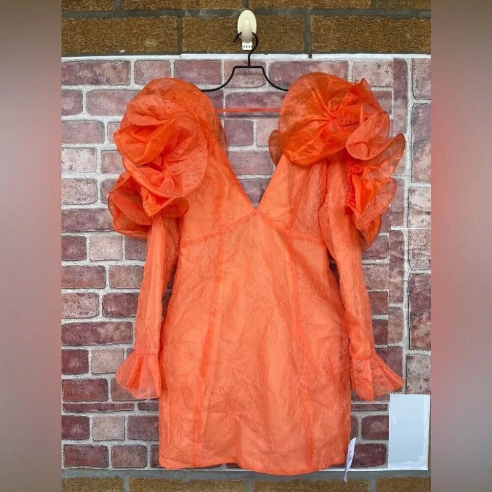 ASOS Orange Ruffle Puff-Sleeve Mini Dress - Picture 4 of 14
